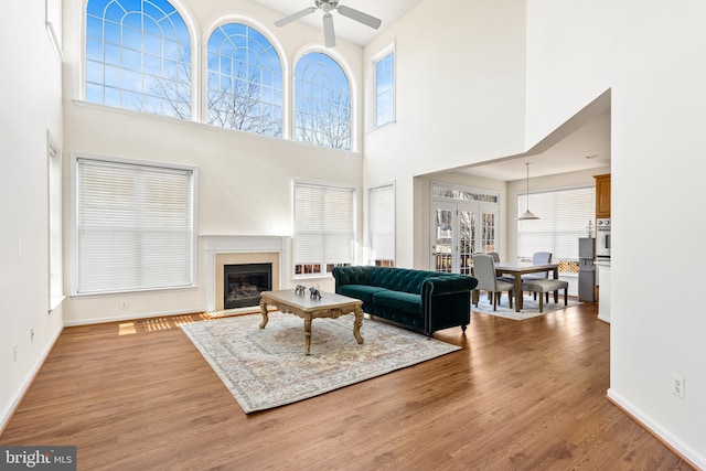 living area featuring ceiling fan, baseboards, wood finished floors, and a glass covered fireplace