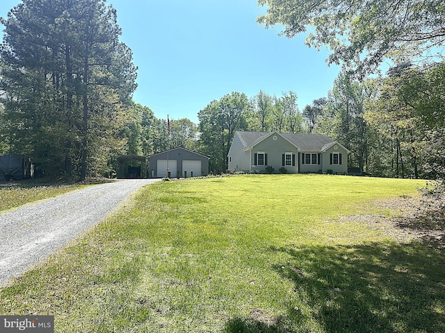 15185 Day Rd, Goldsboro, MD 21636 - ranch-style home with a garage, an outdoor structure, a front yard, and driveway