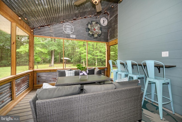 15185 Day Rd, Goldsboro, MD 21636 - sunroom featuring healthy amount of natural light, vaulted ceiling, outdoor dining space, and ceiling fan