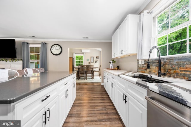 15185 Day Rd, Goldsboro, MD 21636 - kitchen with dishwasher, a sink, tasteful backsplash, dark wood finished floors, and white cabinets
