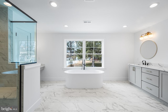 bathroom with marble finish floor, recessed lighting, visible vents, and vanity