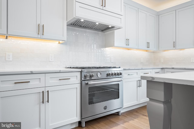 kitchen with light stone counters, range hood, stainless steel stove, decorative backsplash, and light wood-type flooring