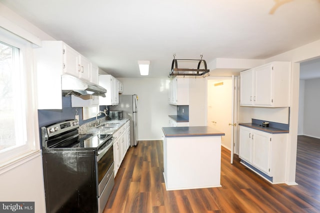 kitchen with appliances with stainless steel finishes, a sink, white cabinets, and under cabinet range hood