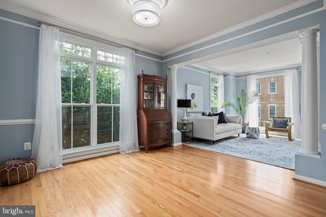 interior space featuring ornamental molding, wood finished floors, and decorative columns