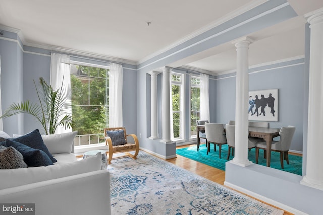 sitting room featuring ornamental molding, wood finished floors, and ornate columns