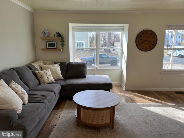 living area featuring visible vents, baseboards, ornamental molding, a textured ceiling, and light wood-type flooring