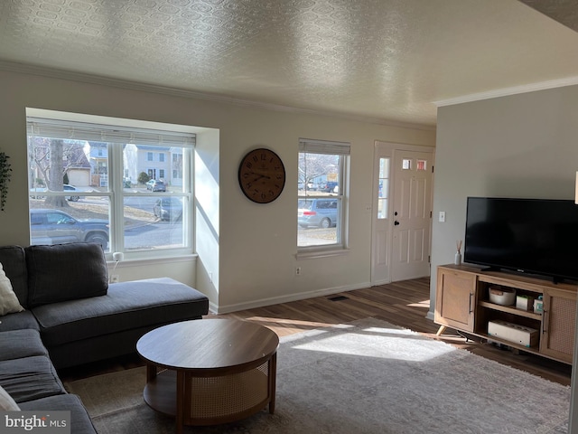 living room featuring baseboards, a textured ceiling, ornamental molding, and wood finished floors