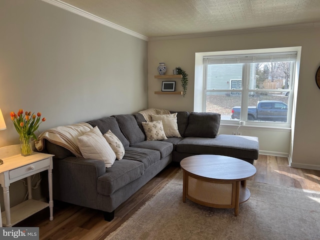 living room with ornamental molding, baseboards, and wood finished floors