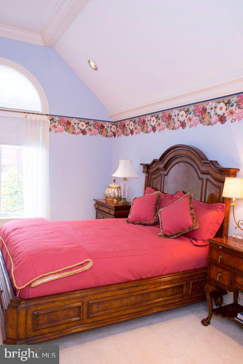 carpeted bedroom featuring ornamental molding and vaulted ceiling