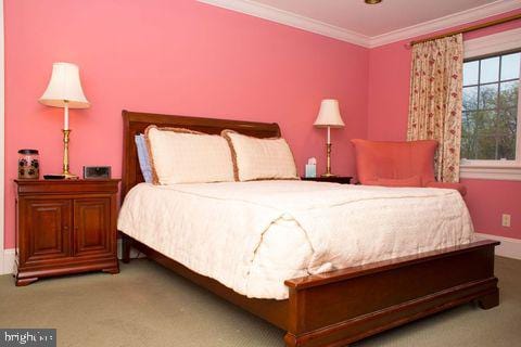 bedroom featuring carpet and crown molding