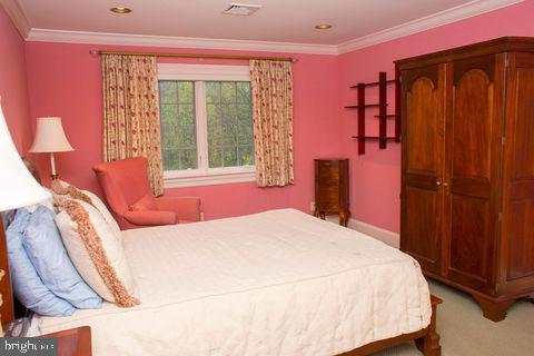 carpeted bedroom featuring visible vents and crown molding