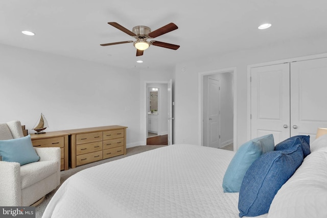 bedroom with ceiling fan, baseboards, a closet, and recessed lighting