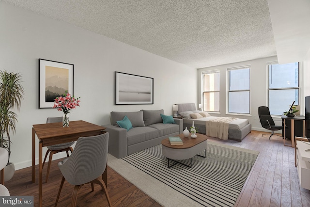 living room featuring a textured ceiling, baseboards, and wood-type flooring