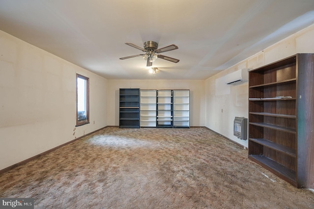 unfurnished living room featuring carpet, heating unit, a wall mounted AC, a ceiling fan, and baseboards