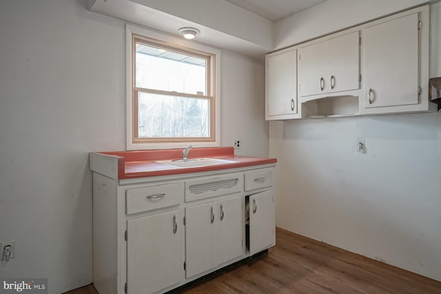 kitchen featuring light countertops, wood finished floors, a sink, and white cabinetry