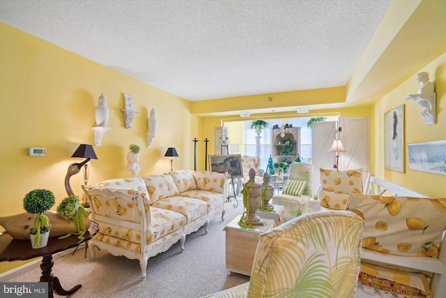 living room featuring carpet flooring and a textured ceiling