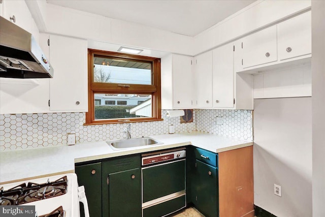 kitchen featuring under cabinet range hood, a sink, white cabinetry, dishwasher, and tasteful backsplash