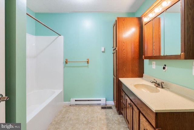 full bathroom featuring a baseboard radiator, shower / tub combination, visible vents, and vanity