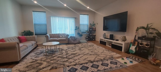 living area featuring vaulted ceiling and wood finished floors