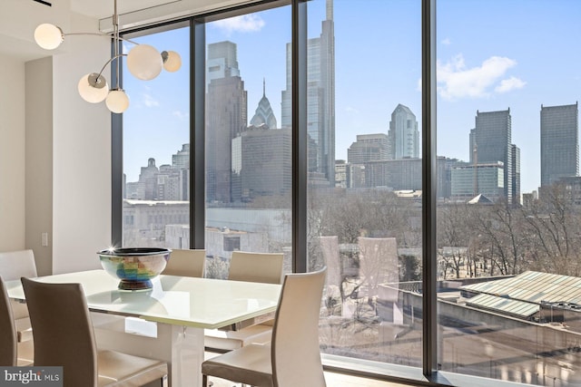 dining room with expansive windows and a view of city