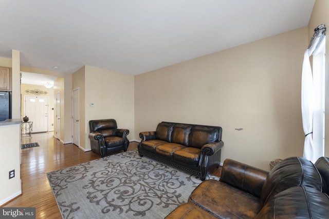 living room with baseboards and wood finished floors