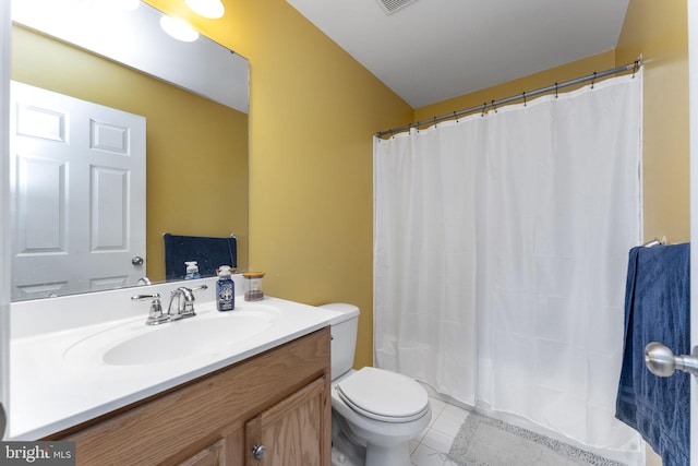 bathroom featuring tile patterned flooring, toilet, a shower with shower curtain, visible vents, and vanity