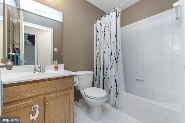 bathroom featuring visible vents, toilet, tile patterned floors, shower / bath combination with curtain, and vanity