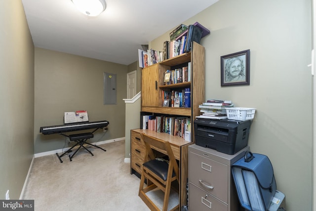 home office featuring electric panel, light carpet, and baseboards