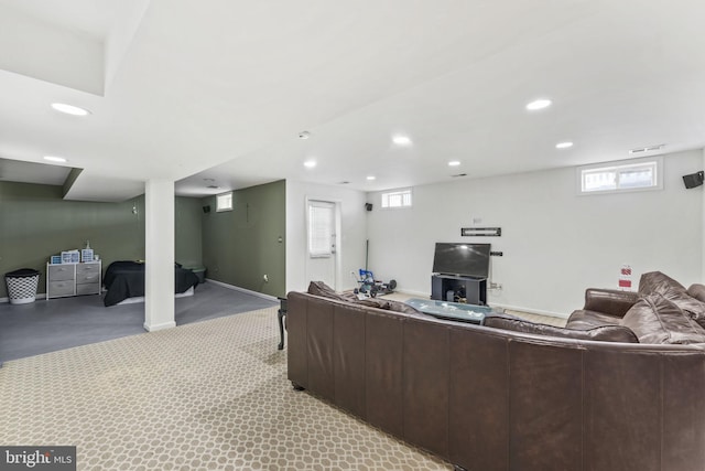 living room with light carpet, baseboards, and recessed lighting