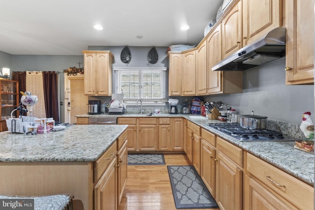 kitchen with light wood-style flooring, light stone counters, light brown cabinetry, under cabinet range hood, and a sink