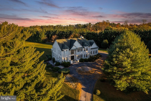 aerial view at dusk with a wooded view