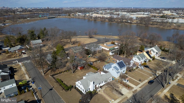 bird's eye view with a water view