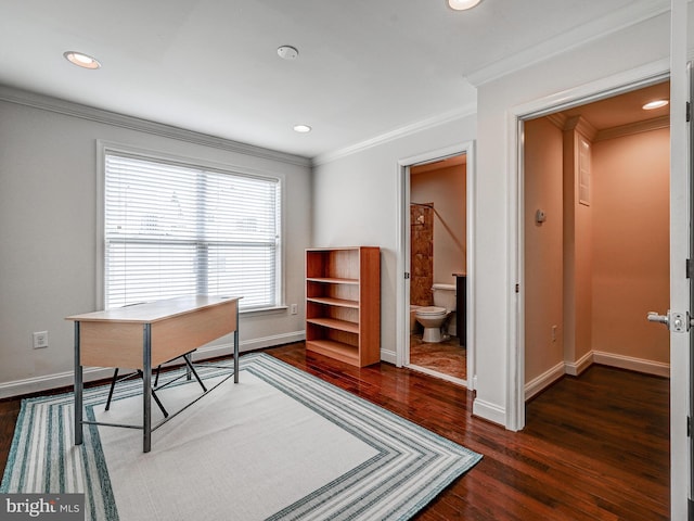 office area with dark wood-style floors, baseboards, ornamental molding, and recessed lighting