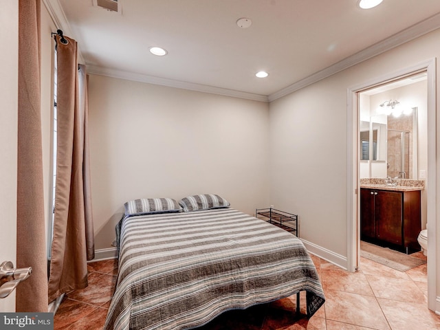 bedroom with ornamental molding, recessed lighting, baseboards, and light tile patterned floors