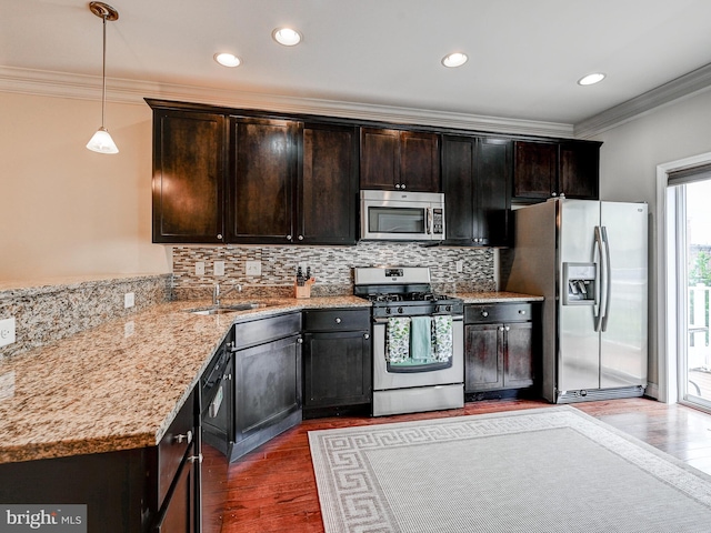 kitchen featuring dark wood finished floors, ornamental molding, stainless steel appliances, and a sink