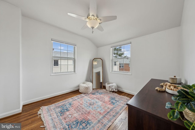 office featuring a wealth of natural light, lofted ceiling, and wood finished floors