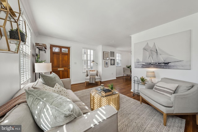 living room featuring baseboards, ornamental molding, and wood finished floors