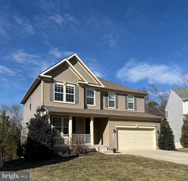 view of front facade featuring a garage, covered porch, concrete driveway, and a front yard