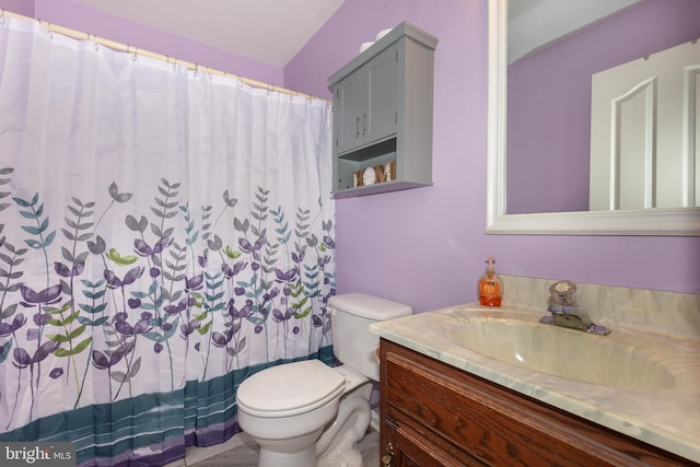 bathroom featuring toilet, a shower with shower curtain, and vanity