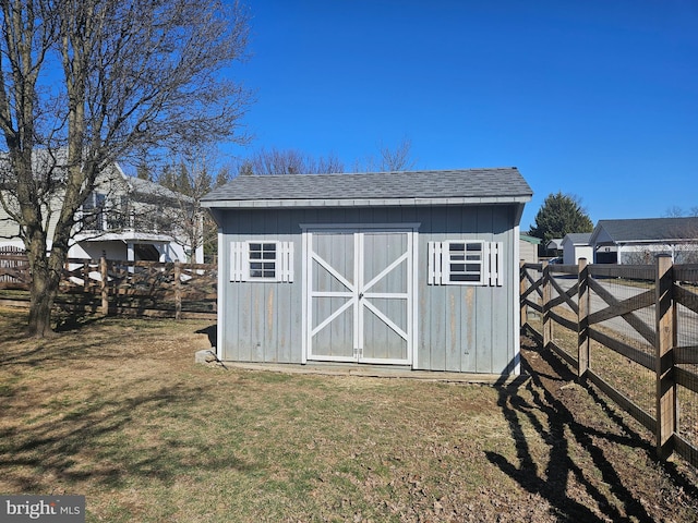 view of shed with a fenced backyard