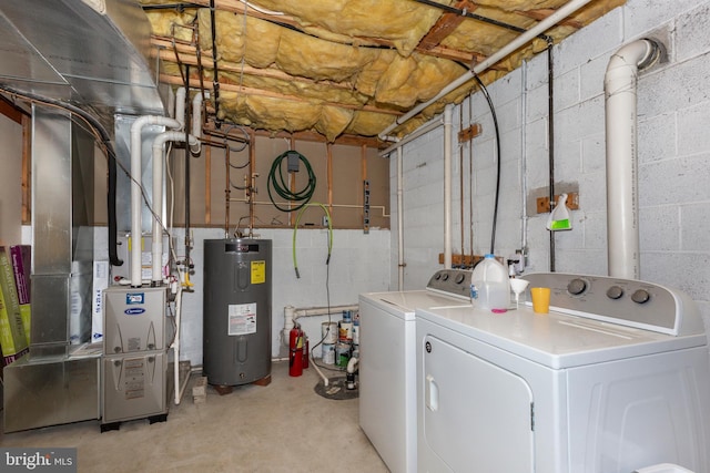 laundry area with heating unit, laundry area, washer and dryer, and electric water heater