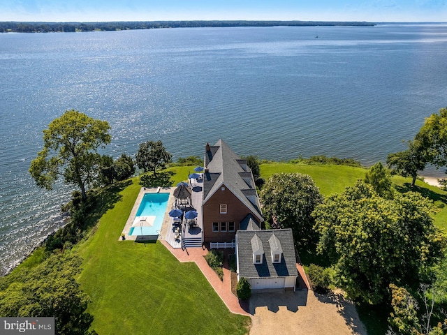 aerial view featuring a water view