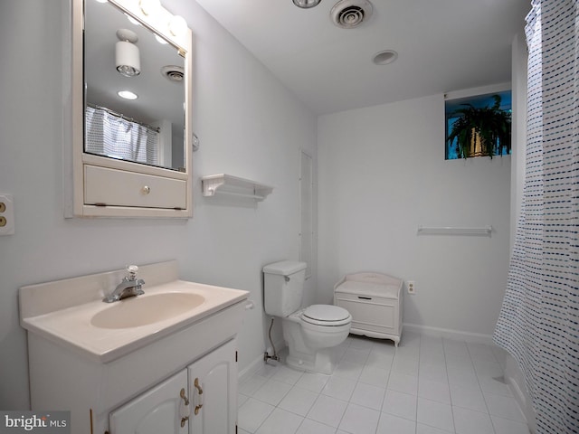 full bath with tile patterned floors, visible vents, toilet, baseboards, and vanity