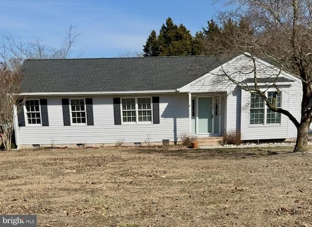 ranch-style home with crawl space, entry steps, and roof with shingles