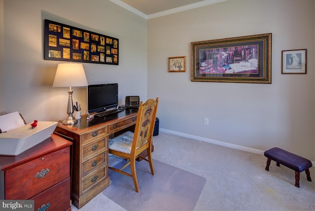 carpeted office featuring baseboards and ornamental molding