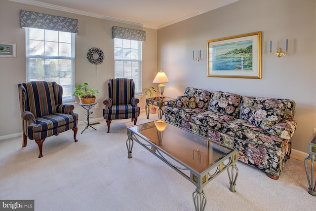 carpeted living area with baseboards and ornamental molding