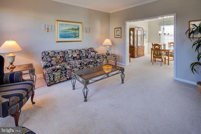 living area featuring ornamental molding, carpet, and baseboards