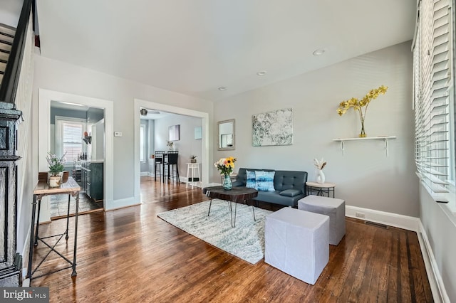 living area featuring baseboards and dark wood-type flooring