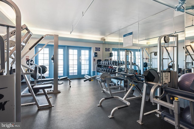 gym with french doors