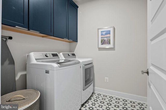 laundry room with washing machine and clothes dryer, cabinet space, and baseboards